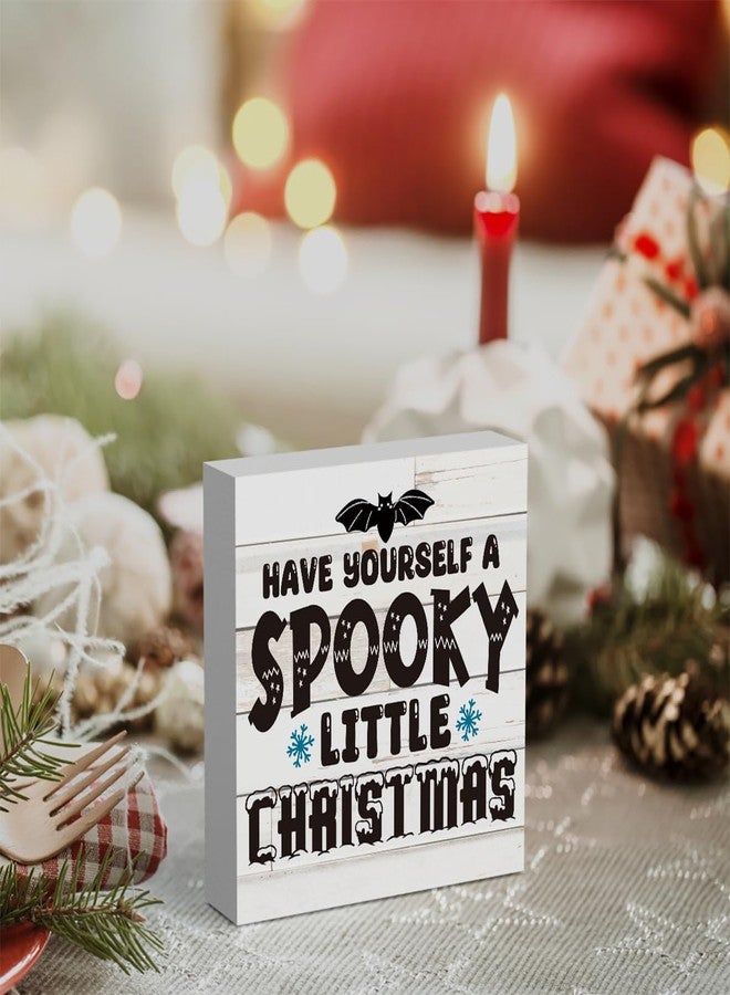 WRSUNT Rustic Winter Have Yourself a Spooky Little Christmas Bat Wood Box Sign, Farmhouse Christmas Santa Artwork Decor, Wood Square Sign Desk Block Signs Home Shelf Office Decoration 5 x 5 Inches - Image 4